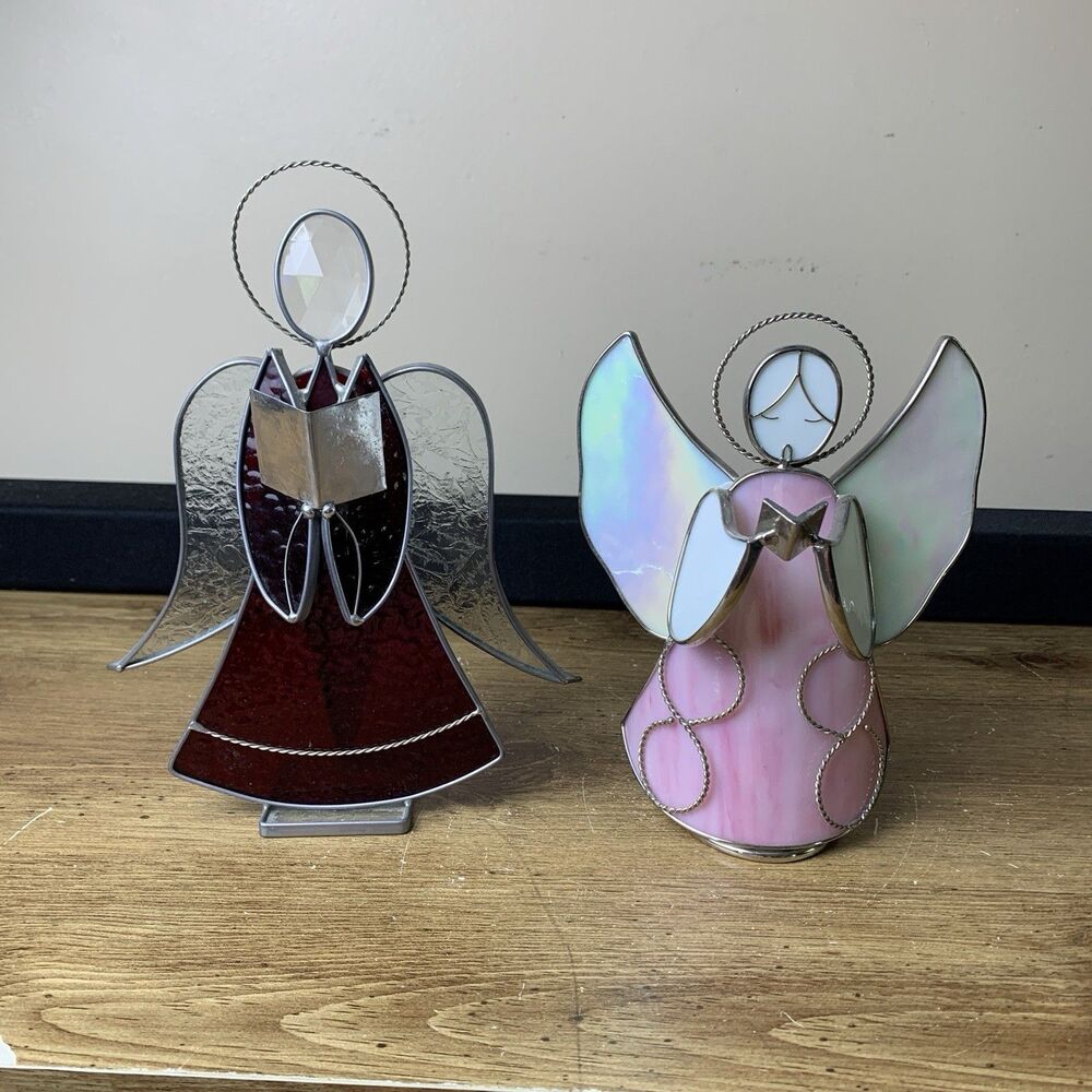 Stained Glass Angels Singing Caroling Red & Pink Free Standing Christmas Lot 2